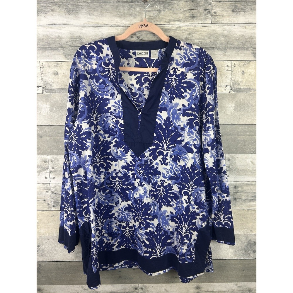 Chico's Blouse Top Women's Size 3 (XL) Long Sleeve V Neck Tunic Coverup